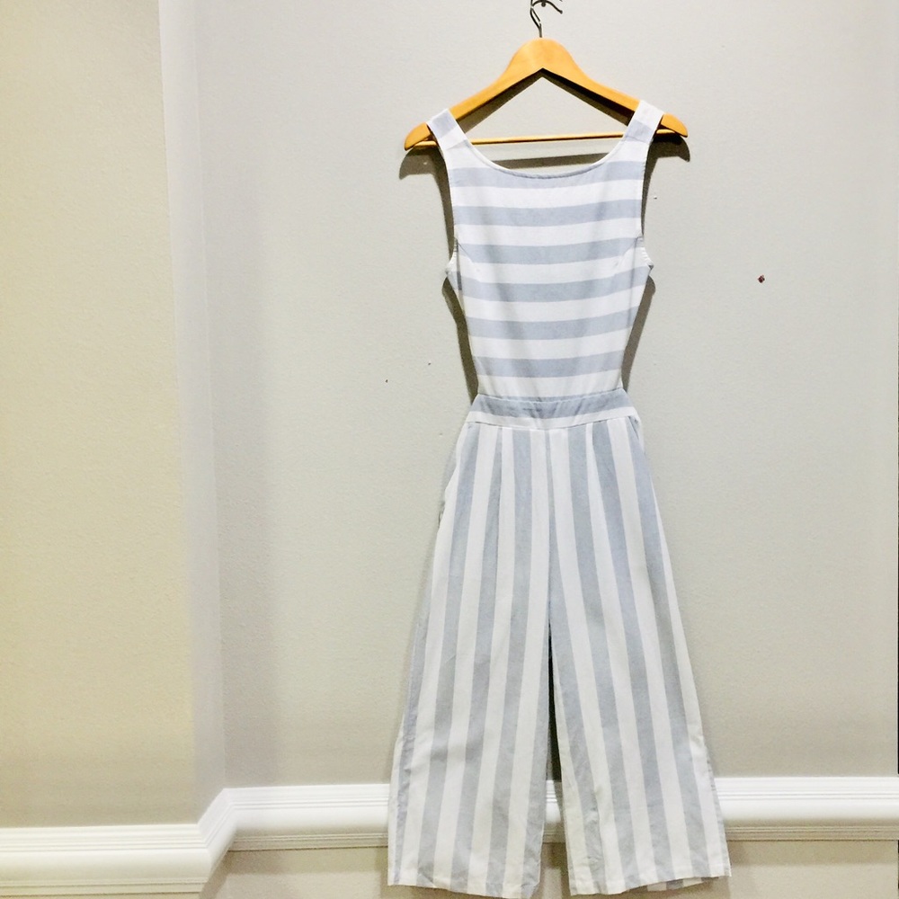 Blue on White Striped Backless Jumpsuit.